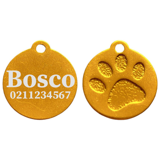 ⭐️Purr. Meow. Woof.⭐️ - Name & Number Front Round | Paw Print Aluminium | Cat, Kitten & Dog ID Pet Tag - Gold / Large (Dog)