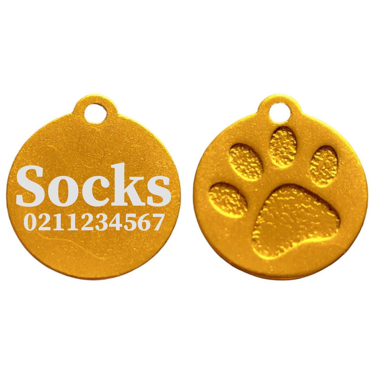 ⭐️Purr. Meow. Woof.⭐️ - Name & Number Front Round | Paw Print Aluminium | Cat, Kitten & Dog ID Pet Tag - Gold / Small (Cat)