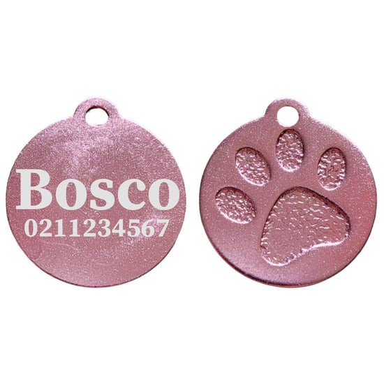 ⭐️Purr. Meow. Woof.⭐️ - Name & Number Front Round | Paw Print Aluminium | Cat, Kitten & Dog ID Pet Tag - LightPink / Large (Dog)
