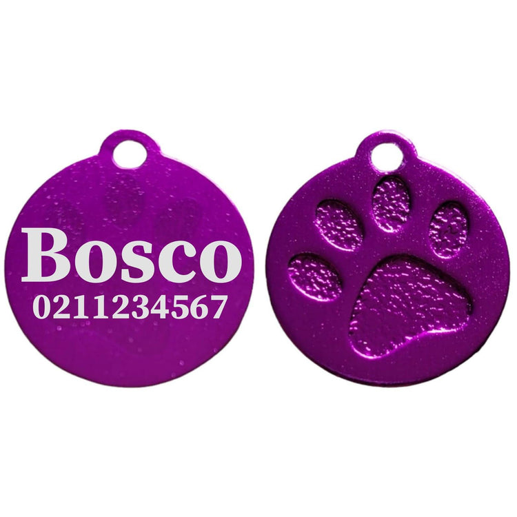 ⭐️Purr. Meow. Woof.⭐️ - Name & Number Front Round | Paw Print Aluminium | Cat, Kitten & Dog ID Pet Tag - Purple / Large (Dog)