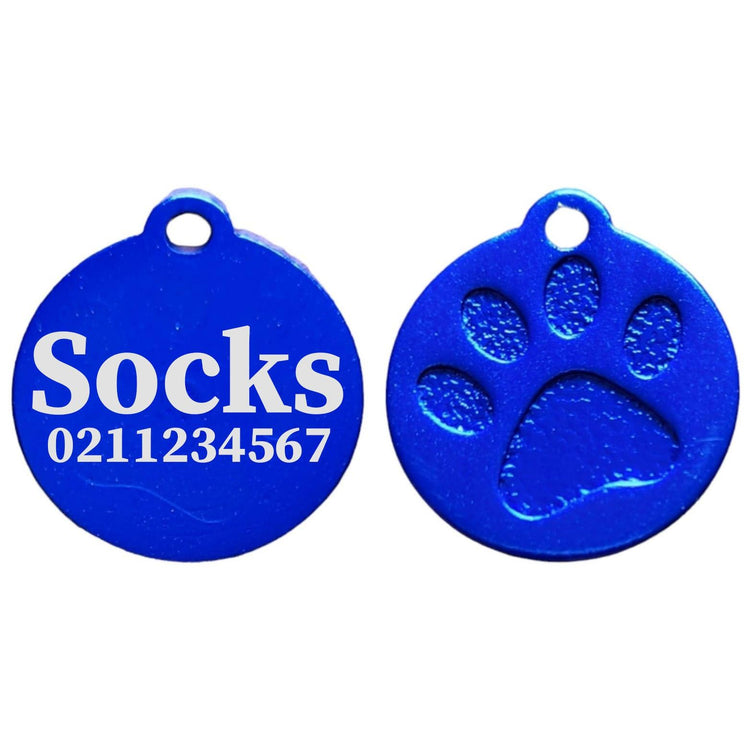 ⭐️Purr. Meow. Woof.⭐️ - Name & Number Front Round | Paw Print Aluminium | Cat, Kitten & Dog ID Pet Tag - RoyalBlue / Small (Cat)