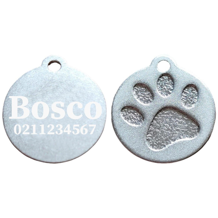 ⭐️Purr. Meow. Woof.⭐️ - Name & Number Front Round | Paw Print Aluminium | Cat, Kitten & Dog ID Pet Tag - Silver / Large (Dog)