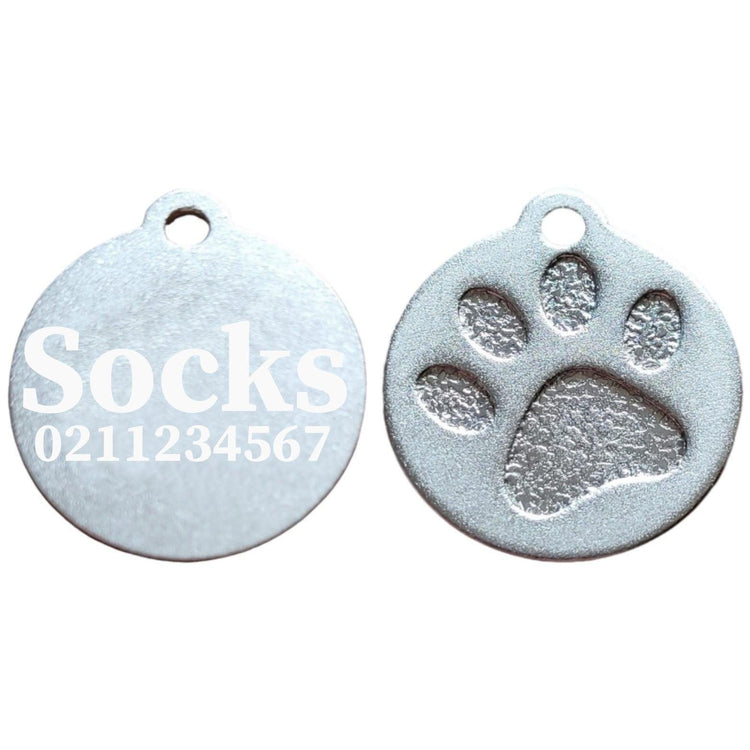 ⭐️Purr. Meow. Woof.⭐️ - Name & Number Front Round | Paw Print Aluminium | Cat, Kitten & Dog ID Pet Tag - Silver / Small (Cat)