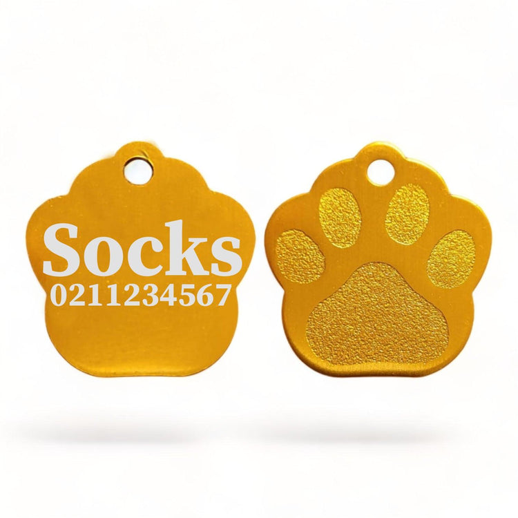 ⭐️Purr. Meow. Woof.⭐️ - Name & Number | Paw Print Aluminium | Cat, Kitten & Dog Kitten ID Pet Tag - Gold