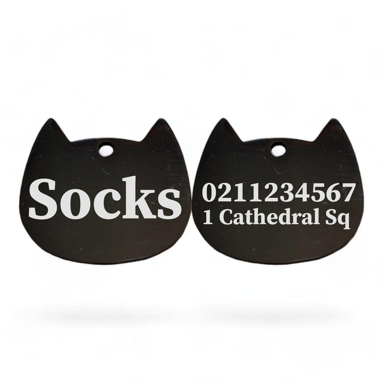 ⭐️Purr. Meow. Woof.⭐️ - Name Front & 1 Number Address Back Bat Cat | Mirror Stainless | Cat ID Pet Tag - Black