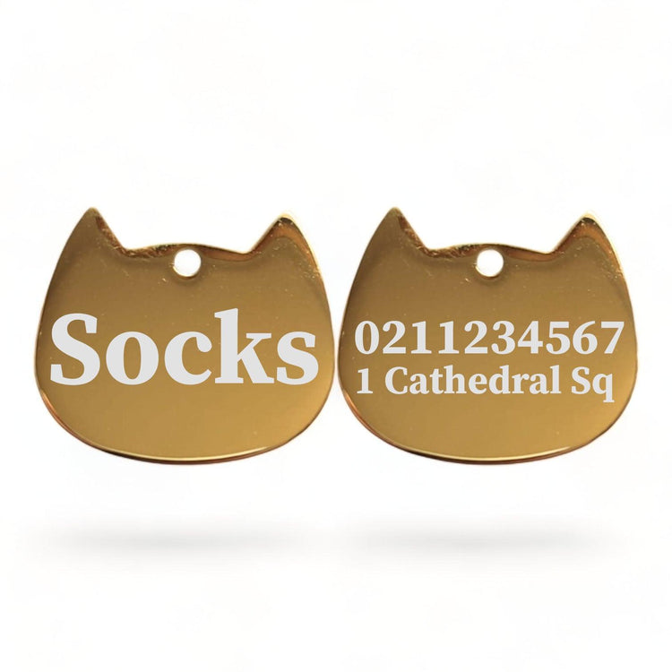 ⭐️Purr. Meow. Woof.⭐️ - Name Front & 1 Number Address Back Bat Cat | Mirror Stainless | Cat ID Pet Tag - Gold