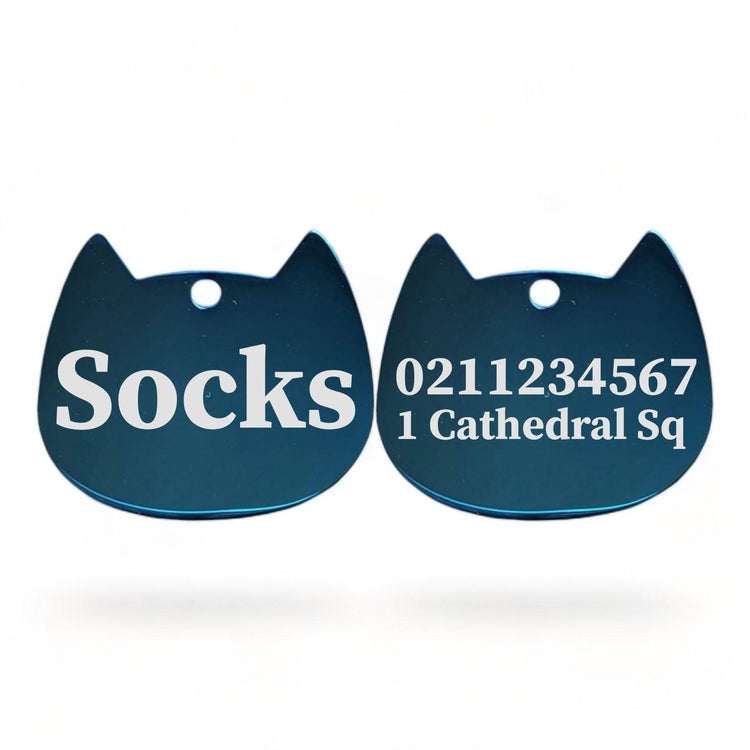 ⭐️Purr. Meow. Woof.⭐️ - Name Front & 1 Number Address Back Bat Cat | Mirror Stainless | Cat ID Pet Tag - MidnightBlue