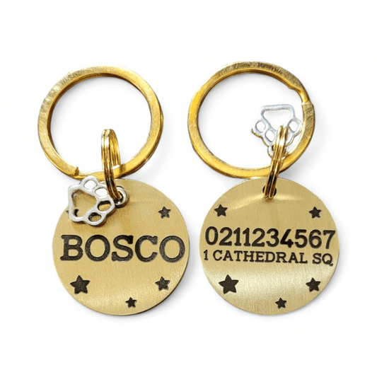 ⭐️Purr. Meow. Woof.⭐️ - Name Front & 1 Number Address Back Bespoke Brass Cat & Dog ID Pet Tag - Large (Dog)