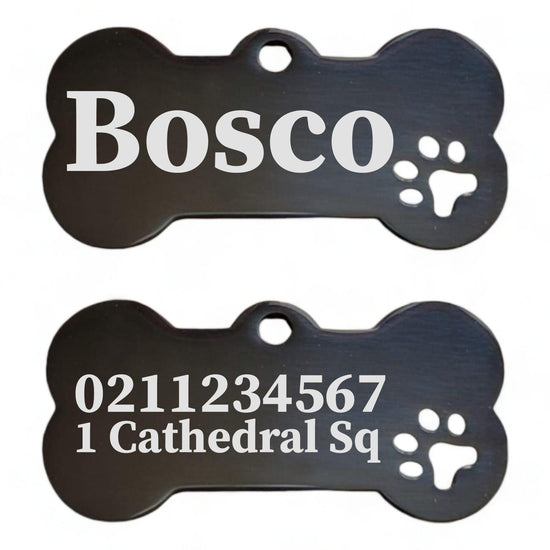 ⭐️Purr. Meow. Woof.⭐️ - Name Front & 1 Number Address Back Bone PP | Mirror Stainless | Dog ID Pet Tag - Black