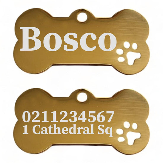 ⭐️Purr. Meow. Woof.⭐️ - Name Front & 1 Number Address Back Bone PP | Mirror Stainless | Dog ID Pet Tag - Gold