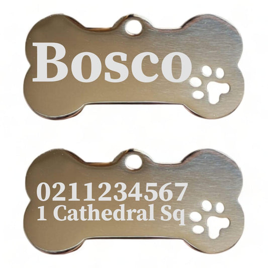⭐️Purr. Meow. Woof.⭐️ - Name Front & 1 Number Address Back Bone PP | Mirror Stainless | Dog ID Pet Tag - Silver