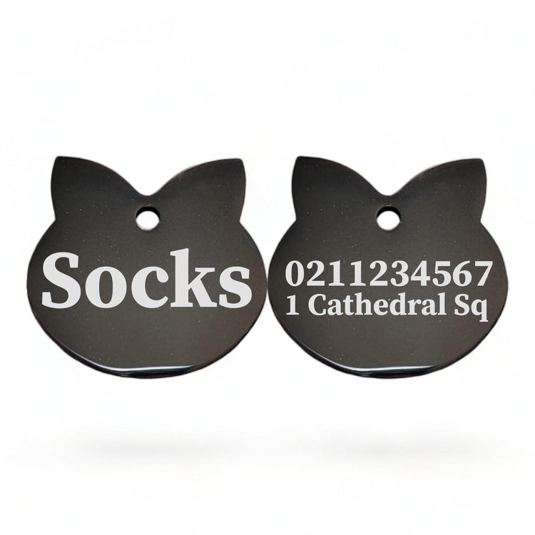 ⭐️Purr. Meow. Woof.⭐️ - Name Front & 1 Number Address Back Cat Ears | Mirror Stainless | Cat ID Pet Tag - Black
