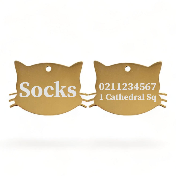 ⭐️Purr. Meow. Woof.⭐️ - Name Front & 1 Number Address Back Cat Whiskers | Mirror Stainless | Cat ID Pet Tag - Gold