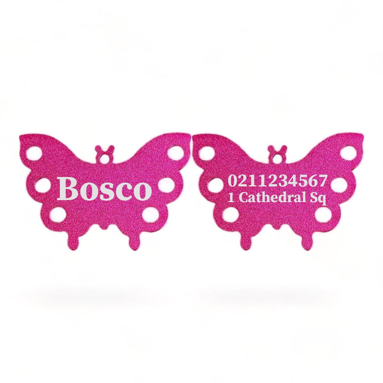 ⭐️Purr. Meow. Woof.⭐️ - Name Front & 1 Number Address Back | Butterfly Aluminum | Dog ID Pet Tag - DeepPink