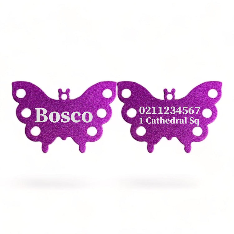 ⭐️Purr. Meow. Woof.⭐️ - Name Front & 1 Number Address Back | Butterfly Aluminum | Dog ID Pet Tag - Purple