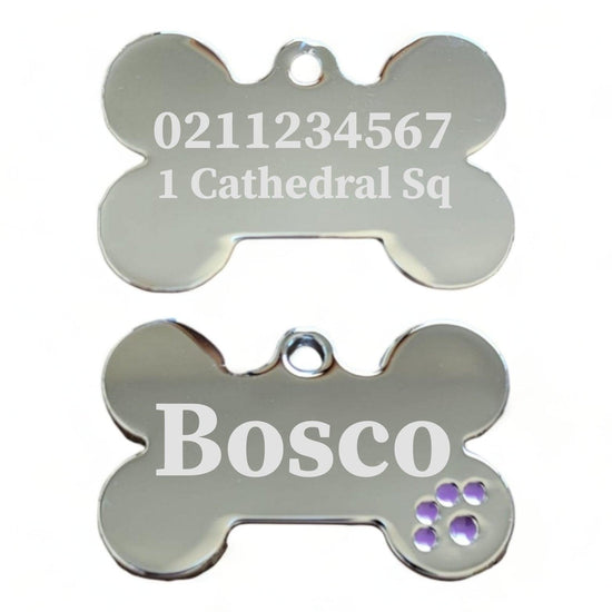 ⭐️Purr. Meow. Woof.⭐️ - Name Front & 1 Number Address Back | Dot Paw Bone | Dog ID Pet Tag - Purple