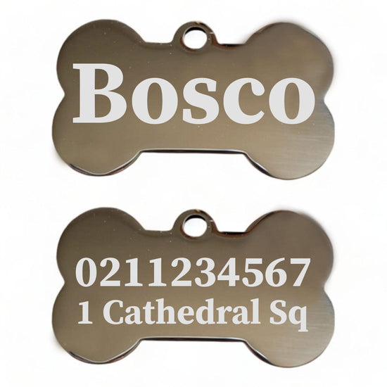⭐️Purr. Meow. Woof.⭐️ - Name Front & 1 Number Address Back | Mirror Stainless | Bone Dog ID Pet Tag - Silver / Small