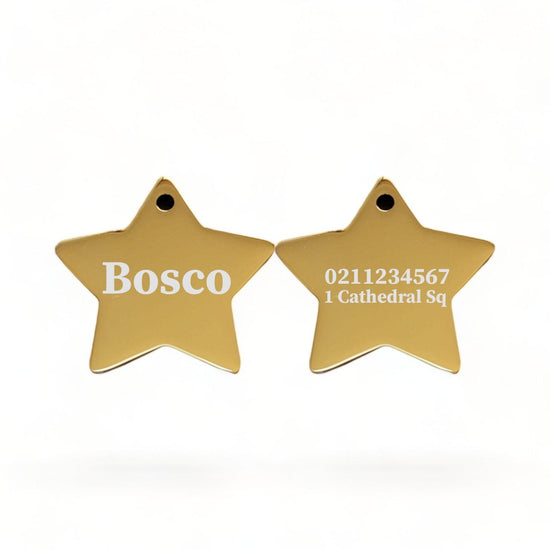 ⭐️Purr. Meow. Woof.⭐️ - Name Front & 1 Number Address Back | Mirror Stainless | Star Dog & Cat ID Pet Tag - Gold / Dog (Large)