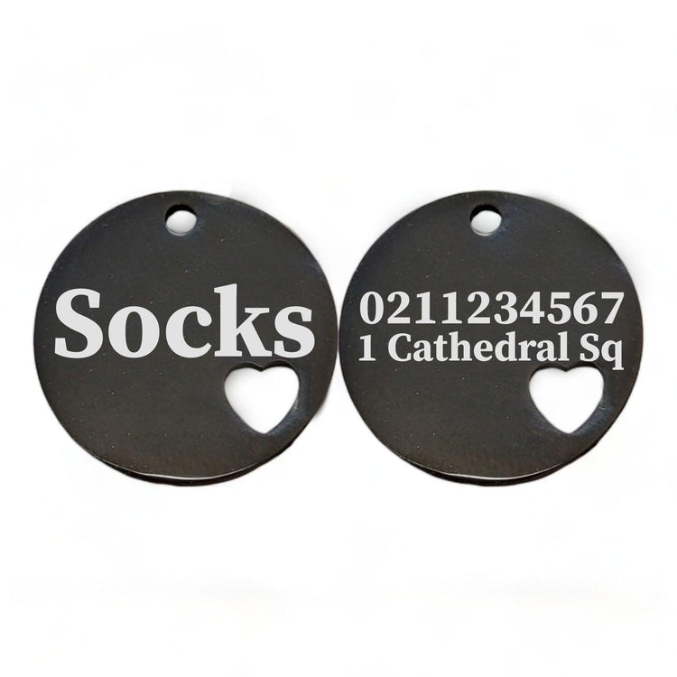 ⭐️Purr. Meow. Woof.⭐️ - Name Front & 1 Number Address Back Round Heart | Mirror Stainless | Cat & Dog ID Pet Tag - Black / Small (Cat)