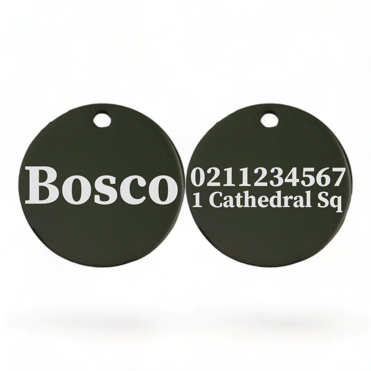 ⭐️Purr. Meow. Woof.⭐️ - Name Front & 1 Number Address Back Round | Mirror Stainless | Dog ID Pet Tag - Black