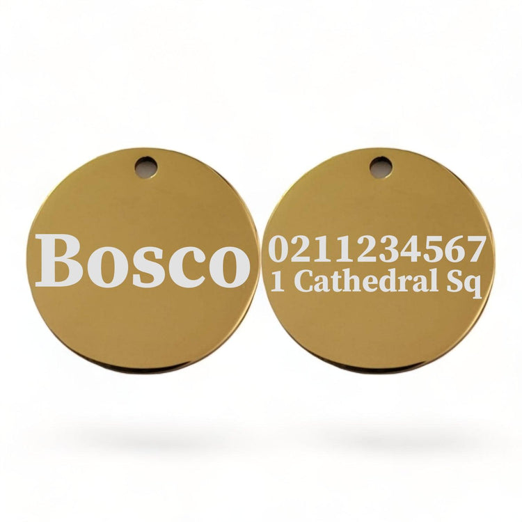 ⭐️Purr. Meow. Woof.⭐️ - Name Front & 1 Number Address Back Round | Mirror Stainless | Dog ID Pet Tag - Gold