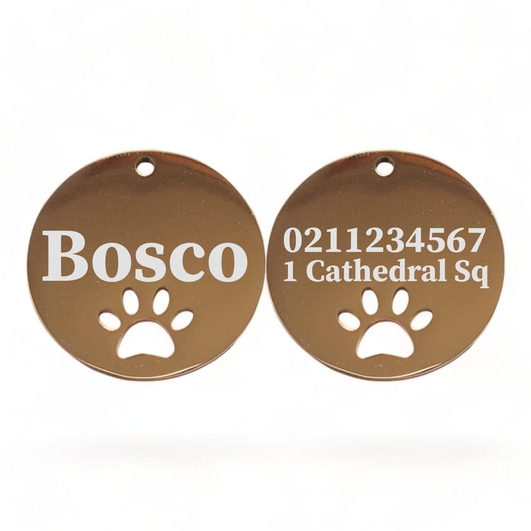 ⭐️Purr. Meow. Woof.⭐️ - Name Front & 1 Number Address Back Round Paw Print | Mirror Stainless | Cat & Dog ID Pet Tag - BurlyWood / Large (Dog)