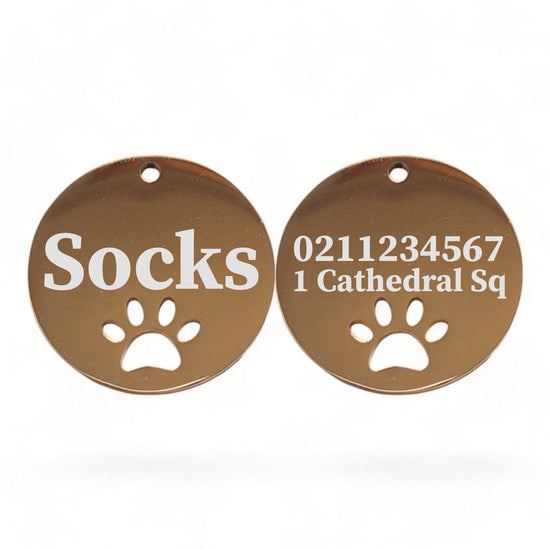 ⭐️Purr. Meow. Woof.⭐️ - Name Front & 1 Number Address Back Round Paw Print | Mirror Stainless | Cat & Dog ID Pet Tag - BurlyWood / Small (Cat)