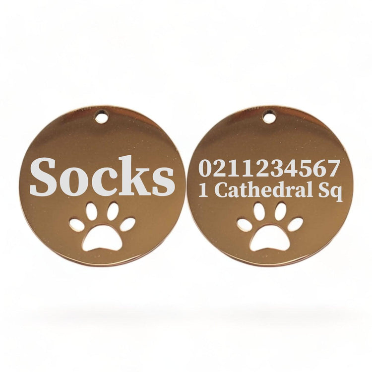 ⭐️Purr. Meow. Woof.⭐️ - Name Front & 1 Number Address Back Round Paw Print | Mirror Stainless | Cat & Dog ID Pet Tag - BurlyWood / Small (Cat)