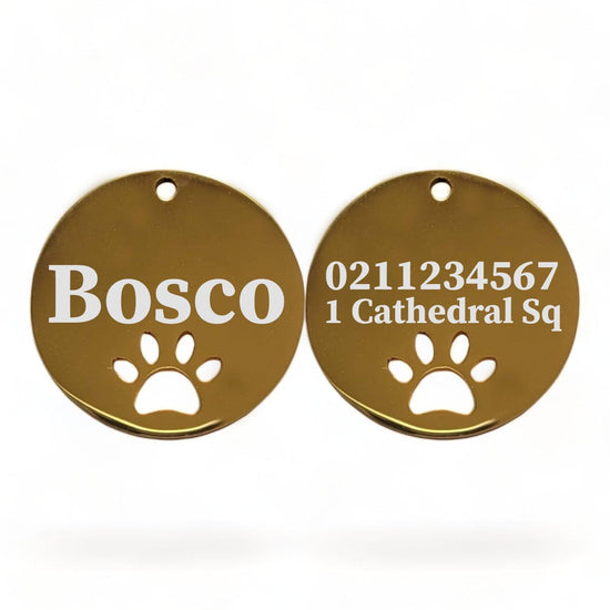 ⭐️Purr. Meow. Woof.⭐️ - Name Front & 1 Number Address Back Round Paw Print | Mirror Stainless | Cat & Dog ID Pet Tag - Gold / Large (Dog)