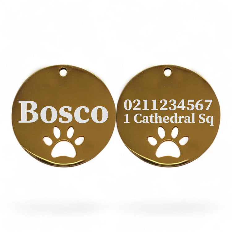 ⭐️Purr. Meow. Woof.⭐️ - Name Front & 1 Number Address Back Round Paw Print | Mirror Stainless | Cat & Dog ID Pet Tag - Gold / Large (Dog)