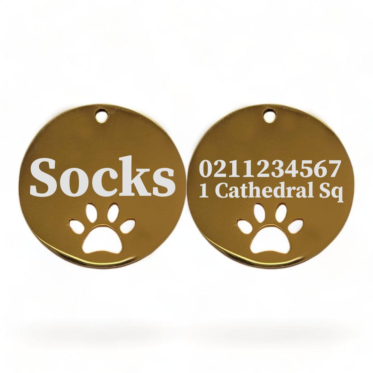 ⭐️Purr. Meow. Woof.⭐️ - Name Front & 1 Number Address Back Round Paw Print | Mirror Stainless | Cat & Dog ID Pet Tag - Gold / Small (Cat)