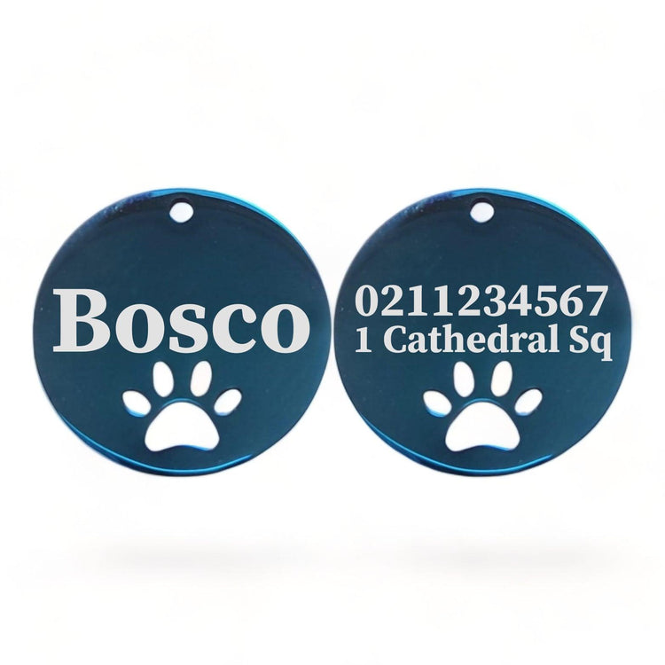 ⭐️Purr. Meow. Woof.⭐️ - Name Front & 1 Number Address Back Round Paw Print | Mirror Stainless | Cat & Dog ID Pet Tag - MidnightBlue / Large (Dog)