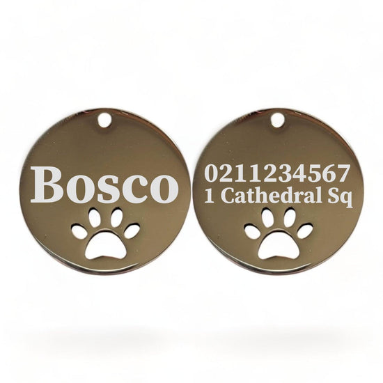 ⭐️Purr. Meow. Woof.⭐️ - Name Front & 1 Number Address Back Round Paw Print | Mirror Stainless | Cat & Dog ID Pet Tag - Silver / Large (Dog)
