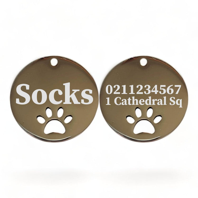 ⭐️Purr. Meow. Woof.⭐️ - Name Front & 1 Number Address Back Round Paw Print | Mirror Stainless | Cat & Dog ID Pet Tag - Silver / Small (Cat)
