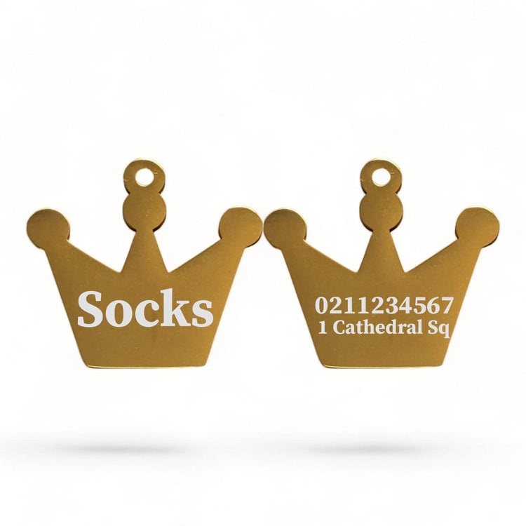 ⭐️Purr. Meow. Woof.⭐️ - Name Front & 1 Number Address Back Royal Crown | Mirror Stainless | Cat & Dog ID Pet Tag - Gold