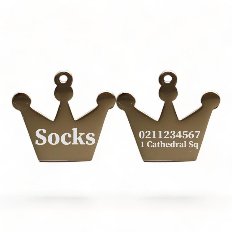 ⭐️Purr. Meow. Woof.⭐️ - Name Front & 1 Number Address Back Royal Crown | Mirror Stainless | Cat & Dog ID Pet Tag - Silver