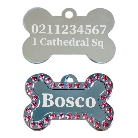 ⭐️Purr. Meow. Woof.⭐️ - Name Front & 1 Number Address Back Sparkly Bone Dog ID Pet Tag - LightPink
