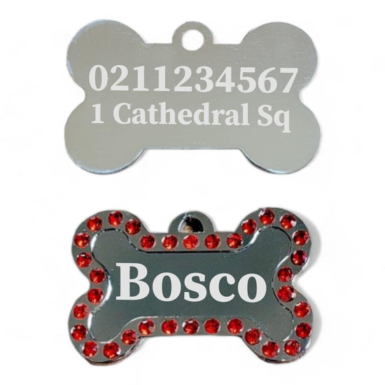 ⭐️Purr. Meow. Woof.⭐️ - Name Front & 1 Number Address Back Sparkly Bone Dog ID Pet Tag - Red
