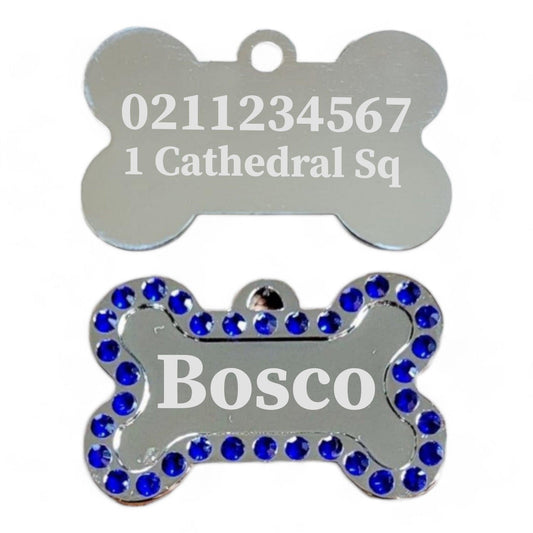 ⭐️Purr. Meow. Woof.⭐️ - Name Front & 1 Number Address Back Sparkly Bone Dog ID Pet Tag - RoyalBlue