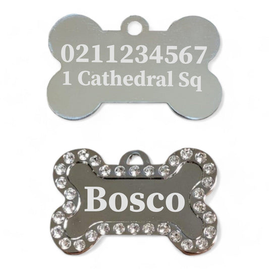 ⭐️Purr. Meow. Woof.⭐️ - Name Front & 1 Number Address Back Sparkly Bone Dog ID Pet Tag - White
