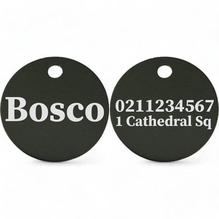 ⭐️Purr. Meow. Woof.⭐️ - Name Front & 1 Number & Address Back | Round Aluminium | Dog ID Pet Tag - Black