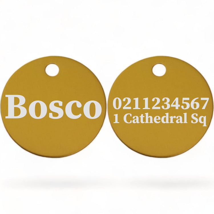 ⭐️Purr. Meow. Woof.⭐️ - Name Front & 1 Number & Address Back | Round Aluminium | Dog ID Pet Tag - Gold