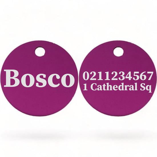 ⭐️Purr. Meow. Woof.⭐️ - Name Front & 1 Number & Address Back | Round Aluminium | Dog ID Pet Tag - Purple