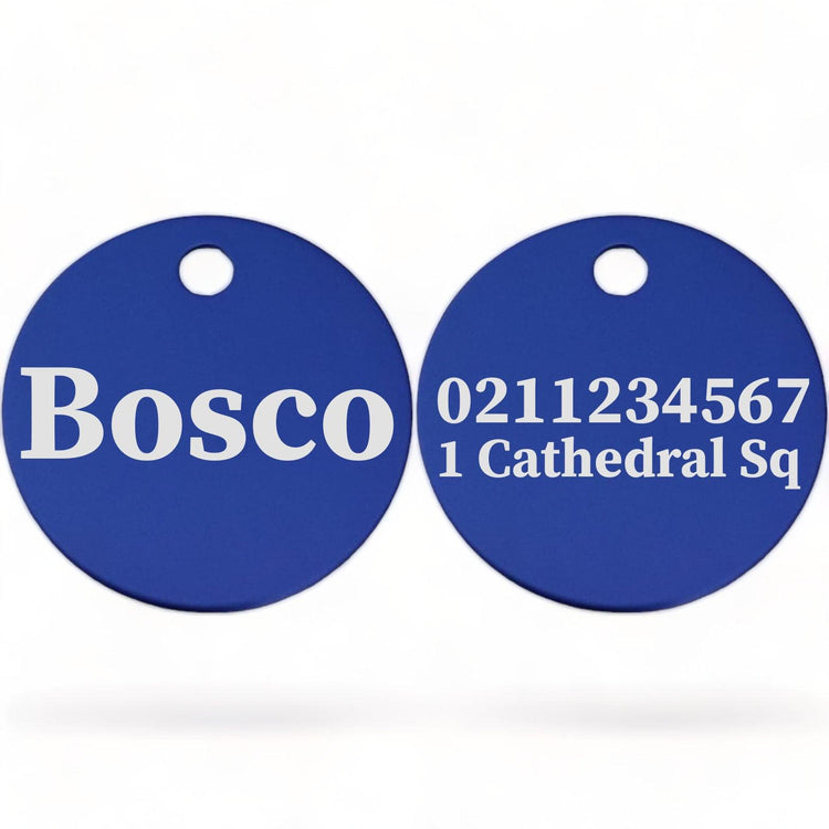 ⭐️Purr. Meow. Woof.⭐️ - Name Front & 1 Number & Address Back | Round Aluminium | Dog ID Pet Tag - RoyalBlue