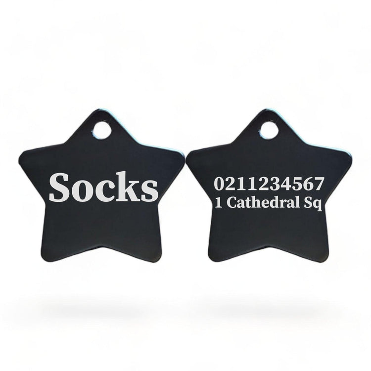 ⭐️Purr. Meow. Woof.⭐️ - Name Front & 1 Number & Address Back | Star Aluminum | Cat, Kitten & Dog ID Pet Tag - Black / Small (Cat)