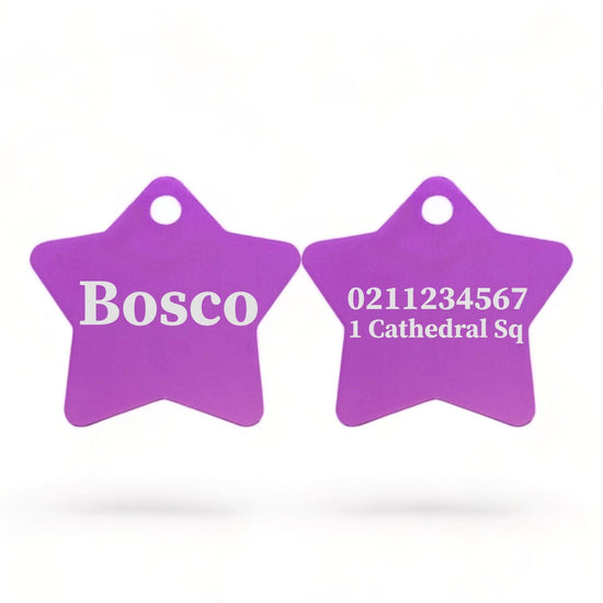 ⭐️Purr. Meow. Woof.⭐️ - Name Front & 1 Number & Address Back | Star Aluminum | Cat, Kitten & Dog ID Pet Tag - Purple / Large (Dog)