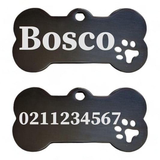 ⭐️Purr. Meow. Woof.⭐️ - Name Front & 1 Number Back Bone PP | Mirror Stainless | Dog ID Pet Tag - Black