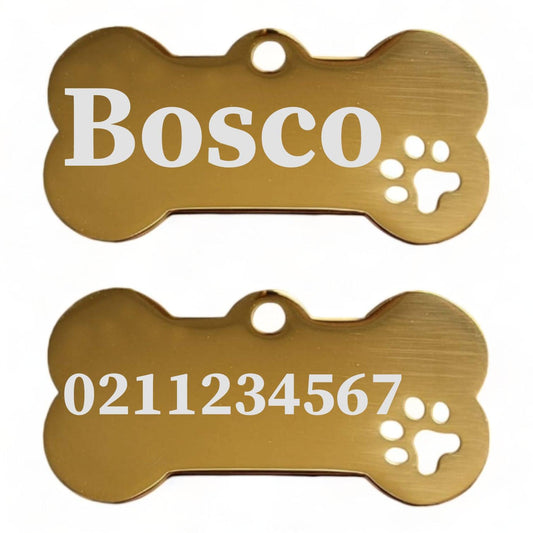 ⭐️Purr. Meow. Woof.⭐️ - Name Front & 1 Number Back Bone PP | Mirror Stainless | Dog ID Pet Tag - Gold