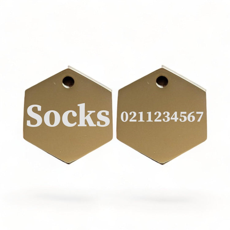 ⭐️Purr. Meow. Woof.⭐️ - Name Front & 1 Number Back | Mirror Stainless | Hexagon Cat & Dog ID Pet Tag - Gold / Small (Cat)