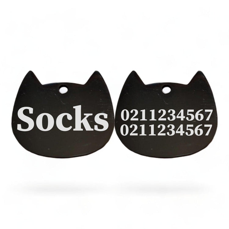 ⭐️Purr. Meow. Woof.⭐️ - Name Front & 2 Numbers Back Bat Cat | Mirror Stainless | Cat ID Pet Tag - Black